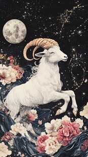 月夜繁花中的梦幻白羊