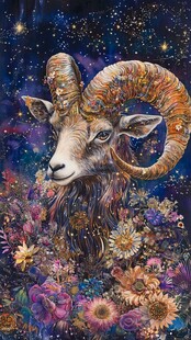 梦幻星空下的繁花公羊