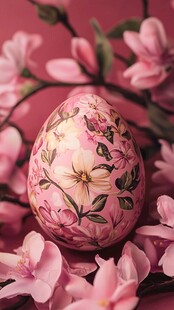 手绘花卉彩蛋与粉色花朵