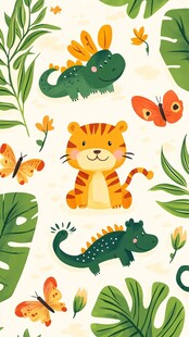 可爱动物与植物卡通图案