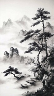 水墨山水松景图