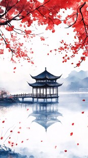 湖畔红枫古亭水墨景致