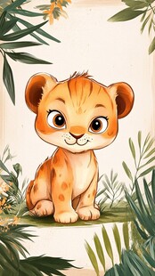 可爱小狮子置身绿植间