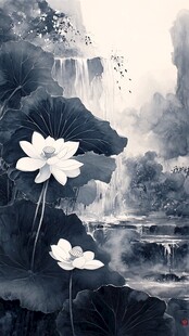 水墨荷花瀑布山水意境图