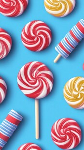 多彩棒棒糖排列于蓝背景