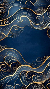 蓝底金色海浪中式纹理背景
