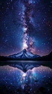 星空下的雪山与湖面倒影