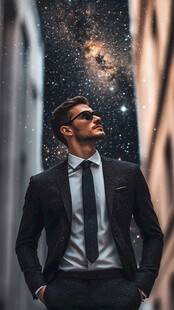 西装男士仰望璀璨星空