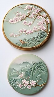 古风山水花卉圆形饰品