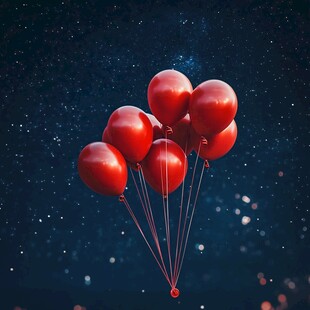 夜空中飘飞的红色气球