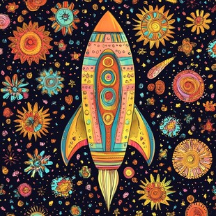 梦幻彩色火箭与宇宙元素