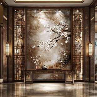 中式玄关 大理石梅花背景墙