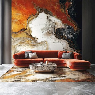 奢华客厅 艺术壁画与橙色沙发