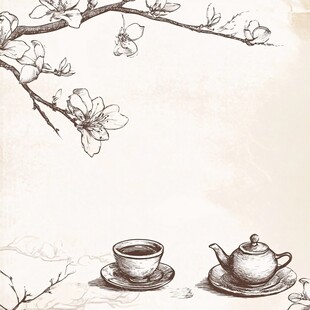 手绘玉兰下的茶具静物图