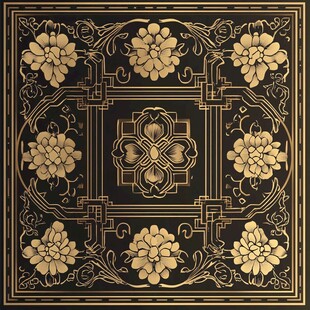 中式黑金花卉方形复古纹饰