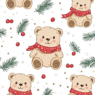 圣诞小熊与松枝可爱图案