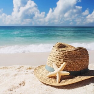 海边草帽配海星浪漫景致