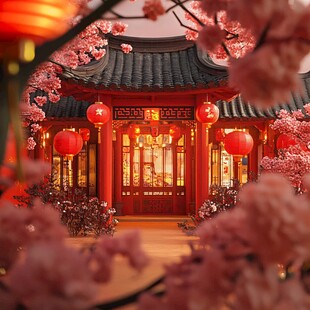 古宅红灯映繁花