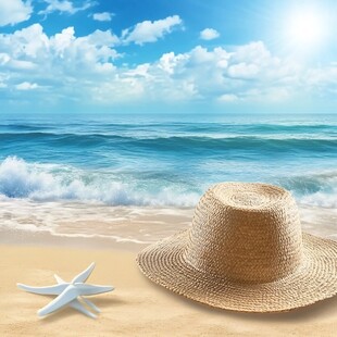 海边草帽与海星的夏日风情