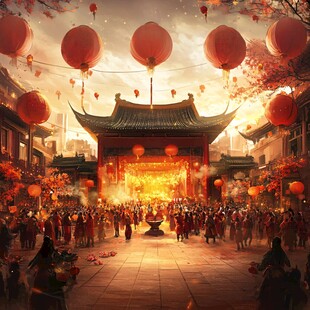 古风灯会热闹场景