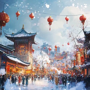 雪中华街灯笼映繁华景象