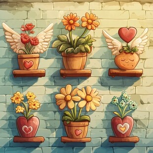可爱盆栽装饰 梦幻花卉墙