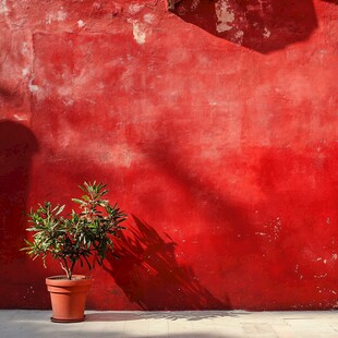 红墙下的绿意盆栽