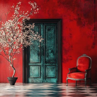 红墙绿门旁的优雅景致