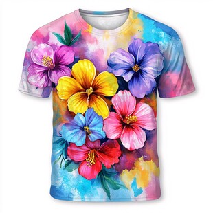 多彩花卉图案短袖T恤