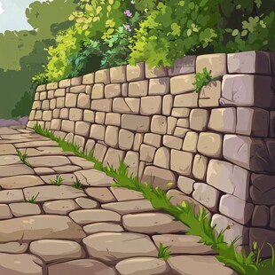 石砌小径旁的绿意石墙