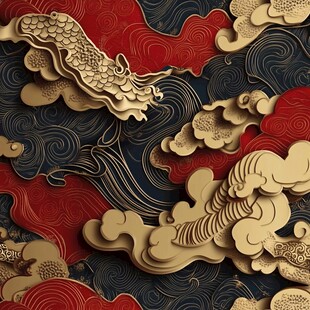 中式浮雕龙纹云浪装饰图