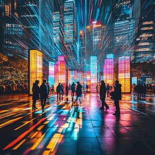 都市幻彩夜景下的行人身影