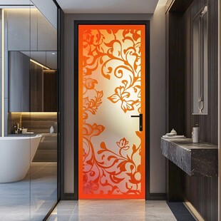 橙色雕花玻璃门 现代卫浴风