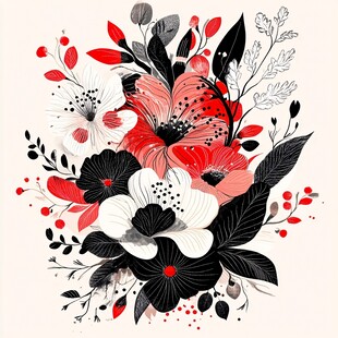 黑白红花卉插画艺术作品