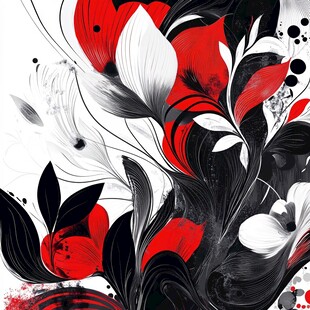 红黑白花卉抽象艺术图案