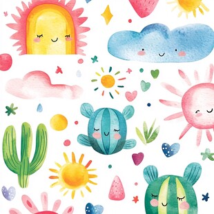 可爱卡通太阳云朵仙人掌图案