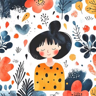 插画中闭眼女孩与缤纷花卉