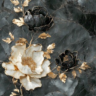 黑底金白立体花卉装饰画