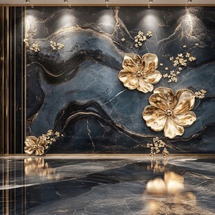 黑金大理石花卉奢华背景墙