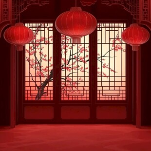 中式室内红灯笼与花窗美景