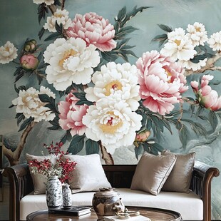 中式牡丹壁画装饰的客厅