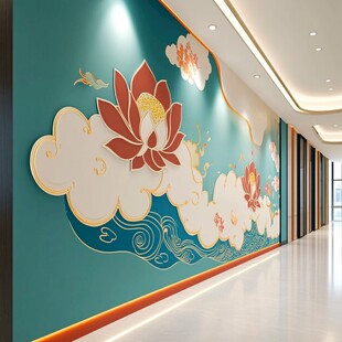 中式走廊莲花祥云壁画
