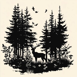 森林中的鹿与飞鸟剪影