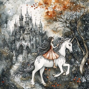 少女骑独角兽漫步城堡前