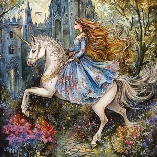 公主骑独角兽于梦幻城堡旁