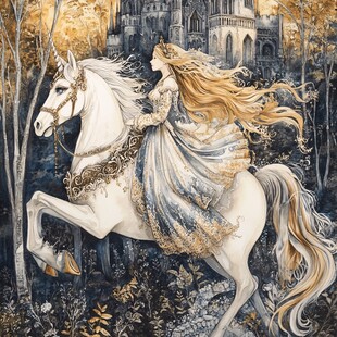 公主骑独角兽于森林城堡前