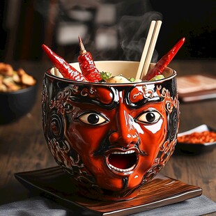 鬼脸陶瓷碗装美味热辣食物