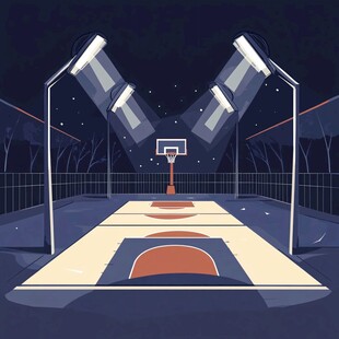 夜晚灯光下的静谧篮球场