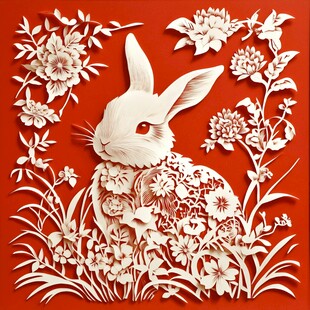 红底花卉白兔剪纸艺术图
