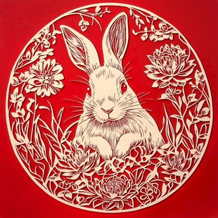 剪纸白兔 花丛间的灵动精灵